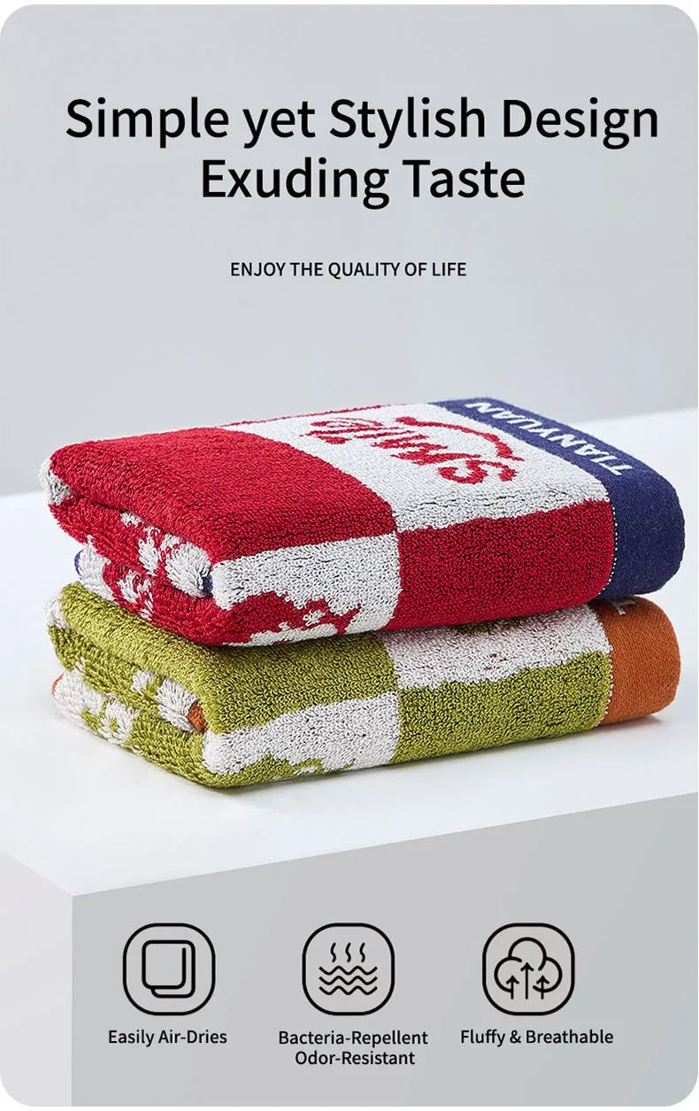 Полотенце среднего размера с изображениями лиц мальчика и девочки в классическую крупную клетку (7)